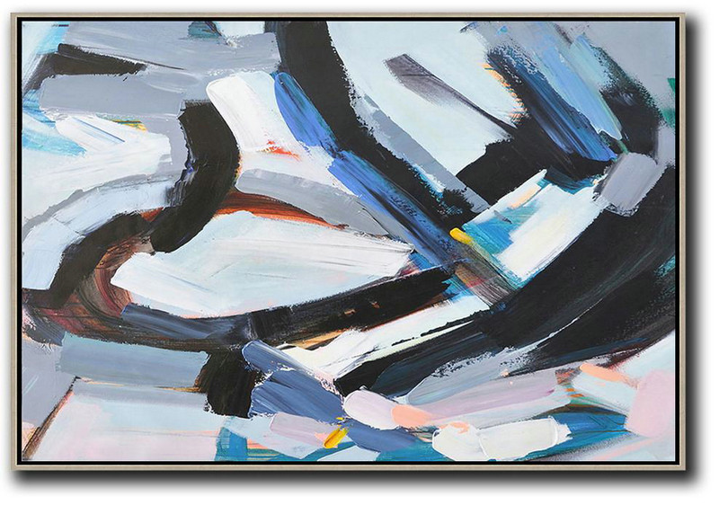 Horizontal Palette Knife Contemporary Art,Hand Painted Acrylic Painting,White,Grey,Dark Blue,Black